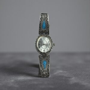 Details Navajo Southwestern Antiqued Silver Etched Strech Steel Watch